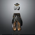 White Crisscross Design Top With Golden Trim And Gray Pants Orange Patterns White Orange Belt Side Sheer Panels