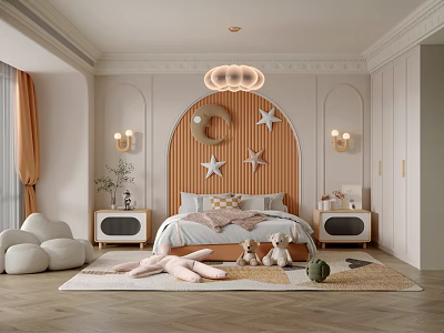 Modern Luxury Bedroom With Moon Star Headboard Chandelier Plush Toys And White Orange Decor 3d model