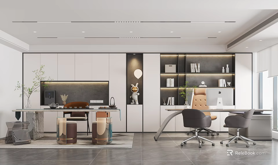 Modern Office Interior Design With Open Layout White Cabinets Bookshelves Desk Office Chairs And Plants 3d model 