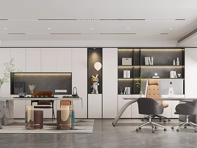 Modern Office Interior Design With Open Layout White Cabinets Bookshelves Desk Office Chairs And Plants 3d model
