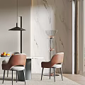 Modern Restaurant Interior Featuring White Dining Table Brown Chairs Pendant Lights And Marble Wall