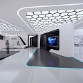 Hi Tech Exhibition Hall Interior With Hexagonal Ceiling And Large Screen 3d model
