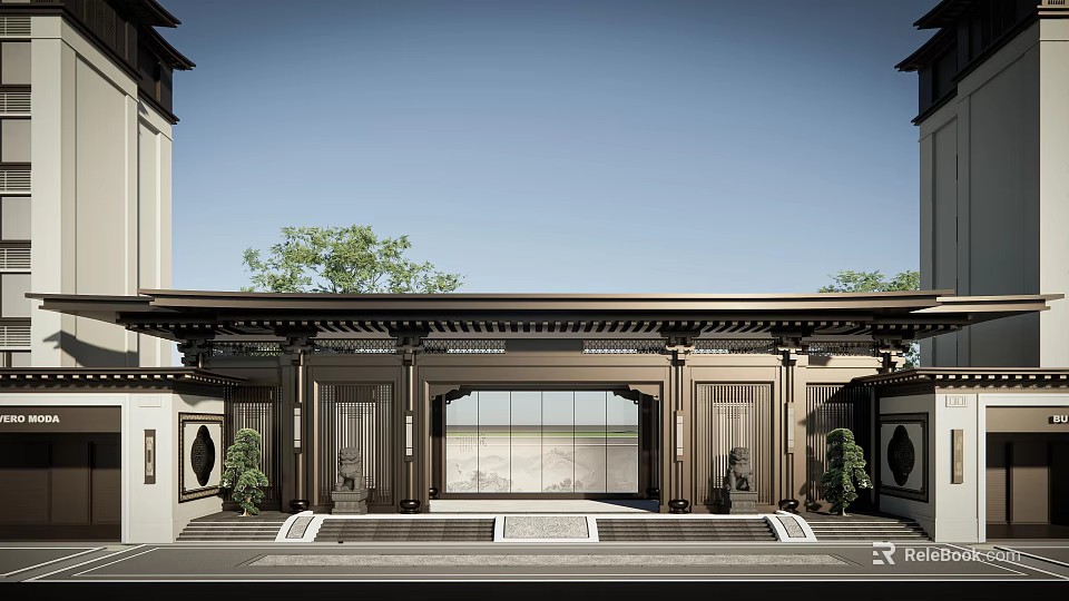 Traditional Chinese Entrance Gate With Wooden Roof Carved Frames And Decorative Plants 3d model 