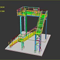 Industrial Steel Structure Stairs With Yellow Green Railings And Blue Support Platform