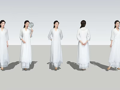 Women Wearing White Long Dresses Standing In Various Poses And Angles 3d model