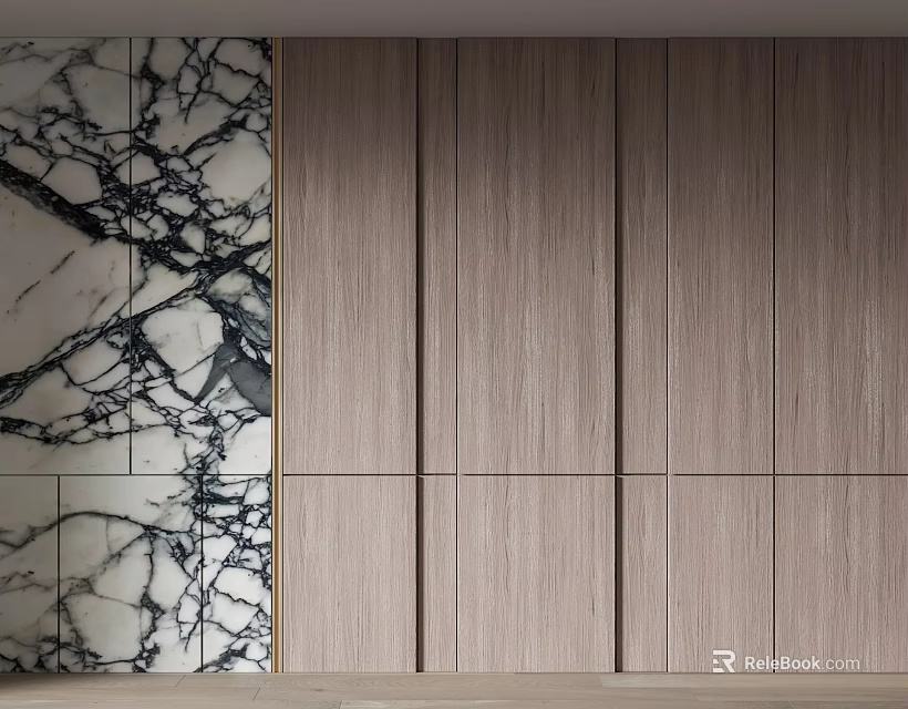 Modern Interior Wall Design Featuring Marble Texture And Light Wooden Panels 3d model 