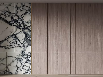 Modern Interior Wall Design Featuring Marble Texture And Light Wooden Panels 3d model