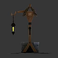 Traditional Garden Ornament Featuring Wooden Roof Stone Well Lantern And Stone Slabs