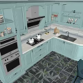 Modern Kitchen With Light Blue Cabinets Appliances Countertop And Dining Area