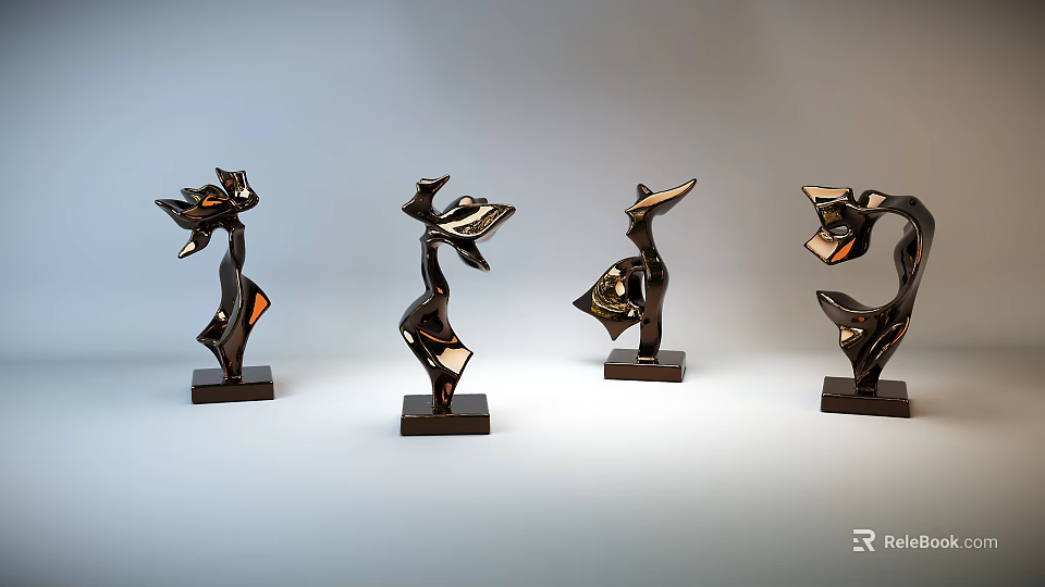 Modern Black Ornamental Decor Set With Unique Curved Design And Square Base 3d model