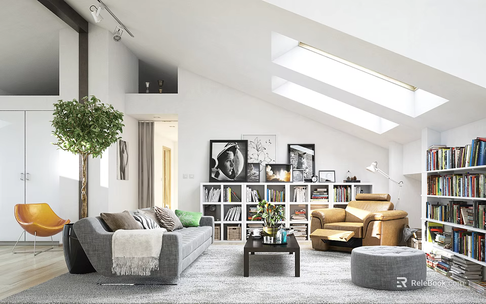 Modern Study Room Interior With Bookshelves Sofa Armchair Skylights And Plant 3d model 