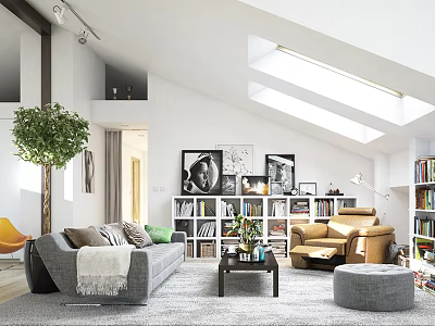 Modern Study Room Interior With Bookshelves Sofa Armchair Skylights And Plant 3d model