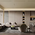 Modern Living and Dining Room Interior With Beige Sofa Coffee Table Armchair And Dining Set