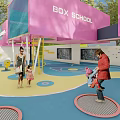 Colorful Children's Playground With Slide Trees Lawn And Pink Blue Building