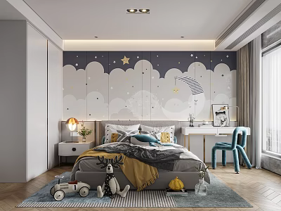 Kids Room Interior With Star Cloud Wallpaper Bed Desk Blue Chair And Toys 3d model