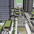 Modern Urban Commercial Complex With Open Plaza Fountain Greenery And High Rise Buildings