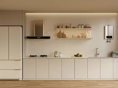 Modern Kitchen With White Cabinets Refrigerator Range Hood Stove And Kitchen Appliances 3d model
