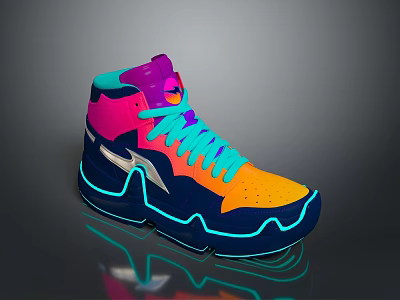 Vibrant High Top Sports Shoes With Multicolor Design And Glowing Blue Sole Trim 3d model