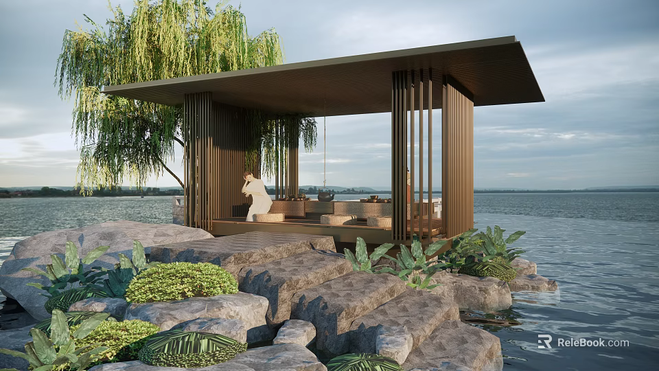 Waterfront Pavilion With Weeping Willow Rocks Green Plants And Seating Area 3d model 