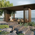 Waterfront Pavilion With Weeping Willow Rocks Green Plants And Seating Area