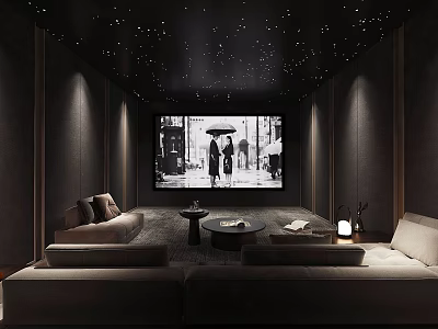 Luxurious Home Theater With Starry Ceiling Large Screen Playing Classic Movie Comfortable Sofas And Warm Lighting 3d model