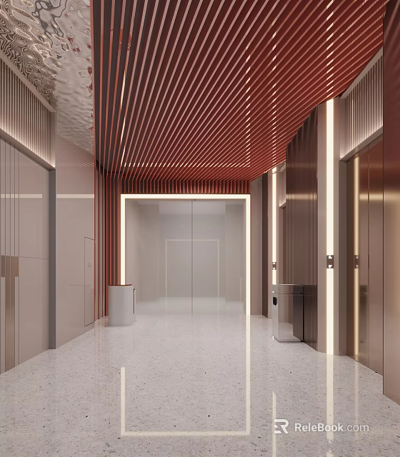 Modern Elevator Lobby Interior Design With Wooden Ceiling LED Lights And Metal Doors 3d model 