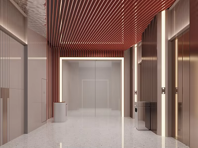 Modern Elevator Lobby Interior Design With Wooden Ceiling LED Lights And Metal Doors 3d model