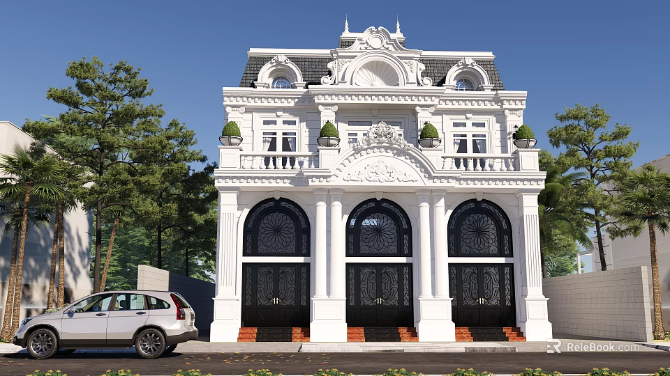 Luxury Detached Villa With White Exterior Ornate Facade Arched Doors And Trees 3d model 