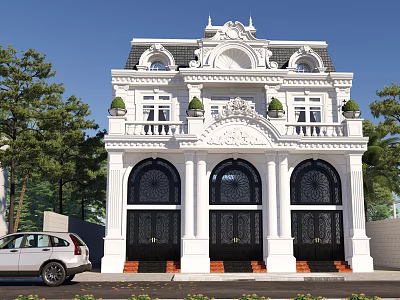 Luxury Detached Villa With White Exterior Ornate Facade Arched Doors And Trees 3d model