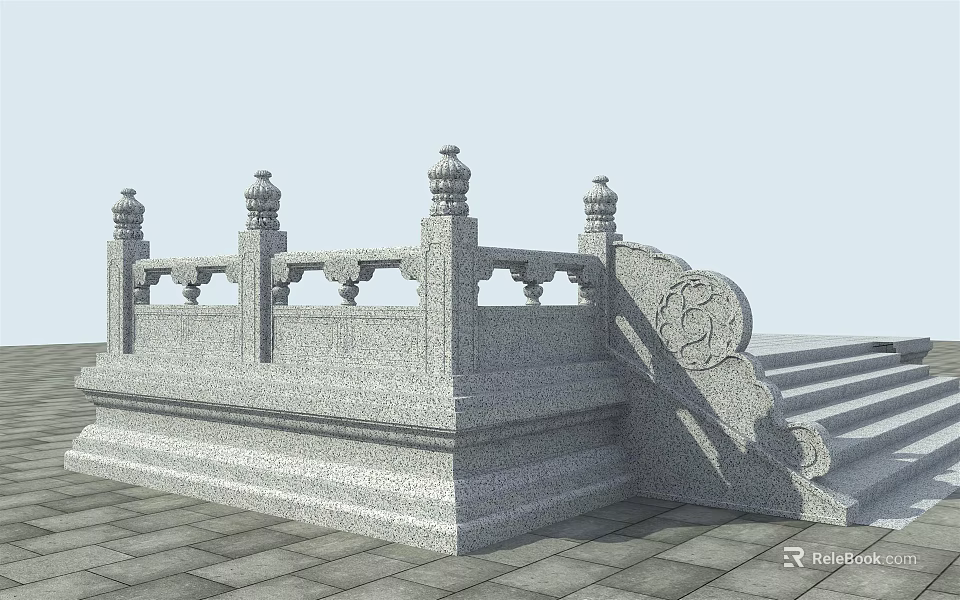 Gray Stone Railing with Intricate Carvings and Staircase on Slab Floor Design 3d model 