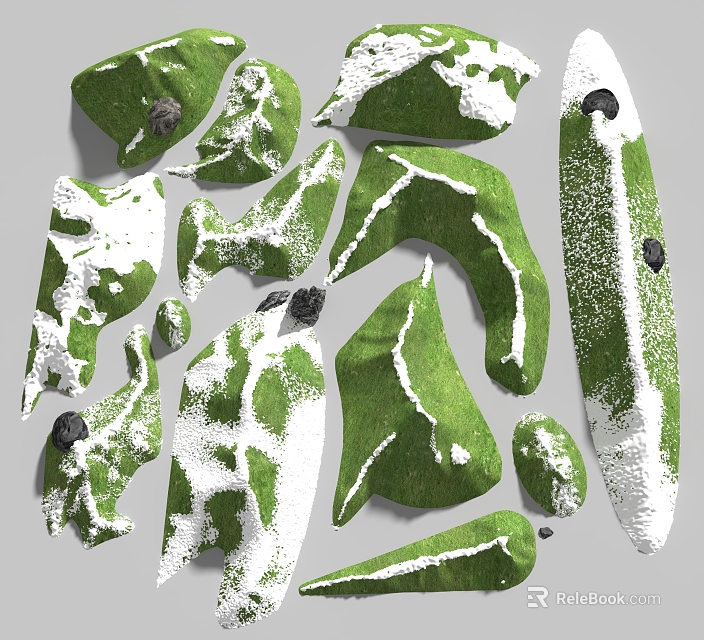 Snow Covered Green Scenic Hills With Irregular Shapes And Black Stones 3d model 