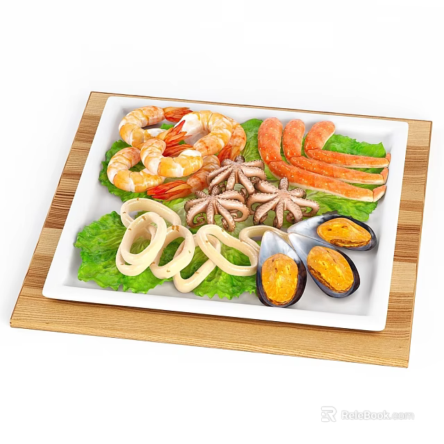 Seafood Platter With Fresh Shrimp Squid Rings Octopus Crab Sticks Mussels On Lettuce Wooden Tray 3d model 