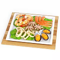 Seafood Platter With Fresh Shrimp Squid Rings Octopus Crab Sticks Mussels On Lettuce Wooden Tray