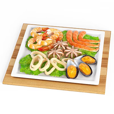 Seafood Platter With Fresh Shrimp Squid Rings Octopus Crab Sticks Mussels On Lettuce Wooden Tray 3d model