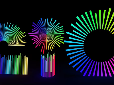 Colorful Radial Decorative Lights With Fan Shaped Circular Designs And Vibrant Colors On Black Background 3d model