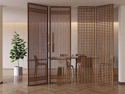 Wooden Lattice Room Divider In Modern Interior With Potted Plant And Dining Area 3d model