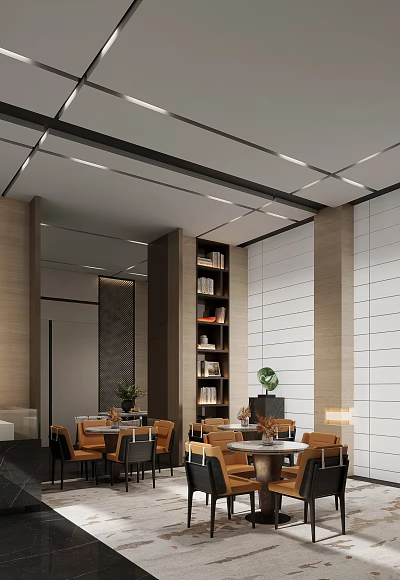 Hotel Public Lounge Area Modern Design With Bookshelves Green Plants And Comfortable Seating 3d model