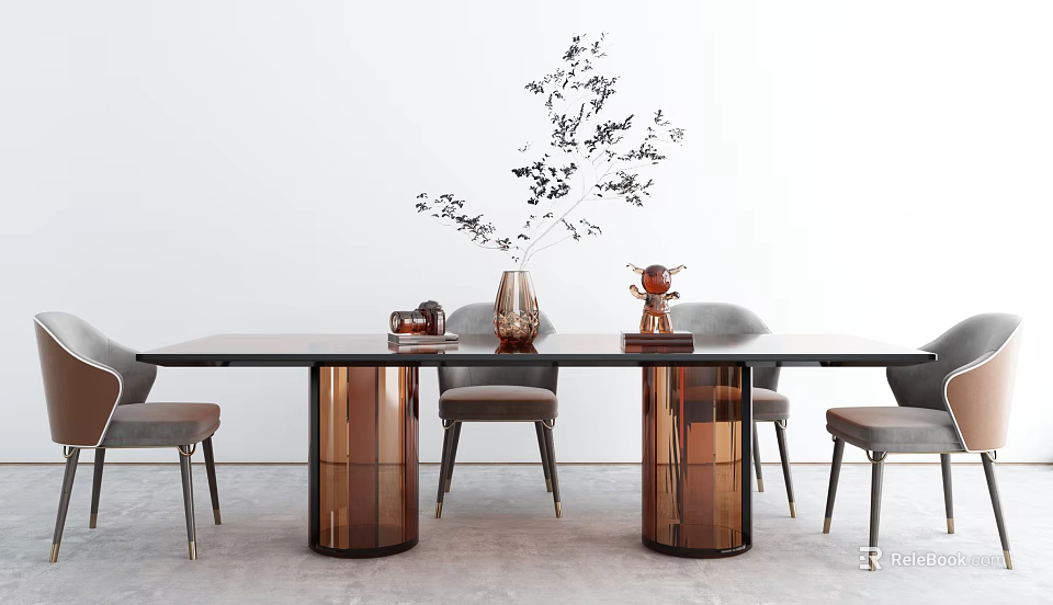 Modern Dining Table Set with Black Tabletop Copper Legs Gray Chairs and Glass Vase 3d model 