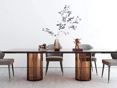 Modern Dining Table Set with Black Tabletop Copper Legs Gray Chairs and Glass Vase 3d model