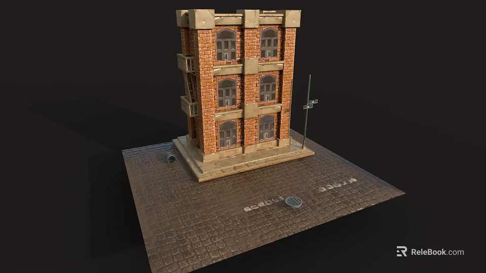 3D Red Brick Multi Story Building Model With Paved Ground And Street Lamp 3d model 