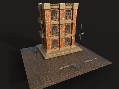 3D Red Brick Multi Story Building Model With Paved Ground And Street Lamp 3d model