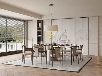 Restaurant Dining Table and Chair Combination Chandelier Background Wall Carpet Venetian Blinds Jewelry Ornaments Round Dining Table 3d model