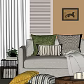 Modern Living Room Sofa With Green And Black White Striped Geometric Throw Pillows