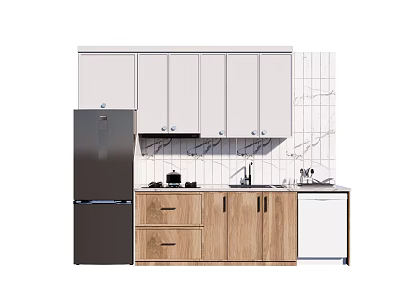 Modern Kitchen Interior Featuring White Upper Light Wood Lower Cabinets Marble Backsplash And Dishwasher 3d model