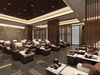 Elegant Luxury Lounge Featuring Comfortable Armchairs Wooden Ceiling Recessed Lighting And Tea Sets 3d model