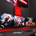 Modern Gaming Desk with Multiple Monitors Gaming Chair and Red Wall Art