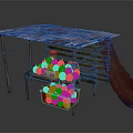 Wooden Fruit Stall With Red And White Patterned Roof Green Fruits Red Basket And Slide
