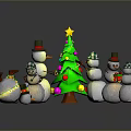 Festive Christmas Scene With Green Tree Star Balls And Snowmen In Hats Scarves With Lights