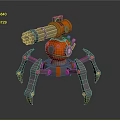 Spider Shaped Mechanical Weapon With Orange Silver Body And Rotating Cannon Barrel