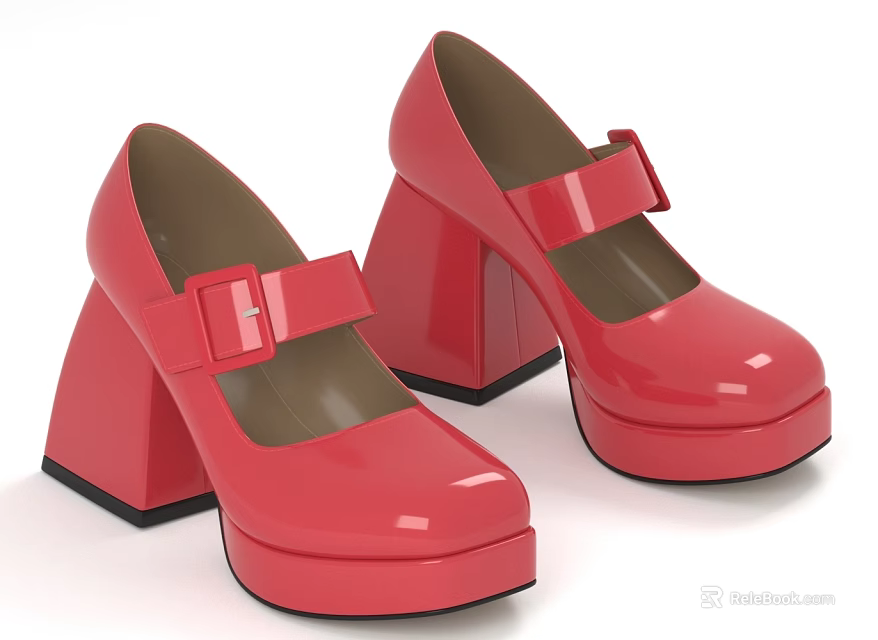 Trendy Red Patent Leather Shoes With Block Heels Platform Soles And Buckle Accents 3d model 